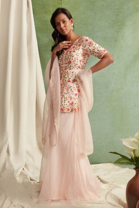 Priyanka Jain Pink Organza, Georgette V Neck Embroidered Kurta Sharara Set Online at Aza Fashions Priyanka Jain_Pink Organza, Georgette V Neck Embroidered Kurta Sharara Set _Online_at_Aza_Fashions