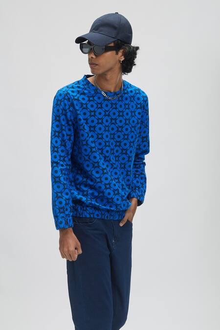 Terra Luna_Blue 100% Organic Handloom Oxford Cotton Moon Bloom Mega Print Sweatshirt_Online_at_Aza_Fashions