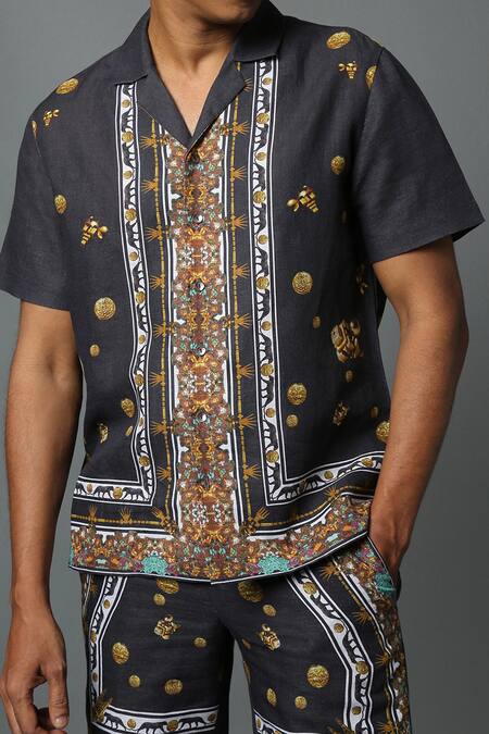 Buy_House Of Three_Black Cotton Linen Jewel Mural Hawaiian Shirt _Online_at_Aza_Fashions
