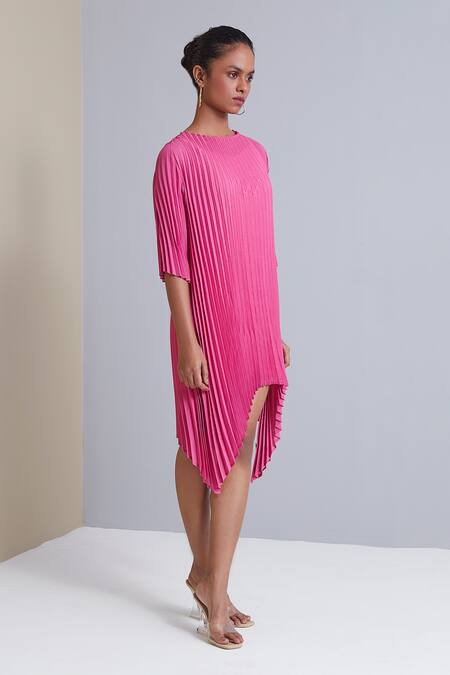 Scarlet Sage_Pink 100% Polyester Round Sybil Pleated Asymmetric Tunic_Online_at_Aza_Fashions