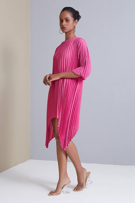 Buy_Scarlet Sage_Pink 100% Polyester Round Sybil Pleated Asymmetric Tunic_Online_at_Aza_Fashions