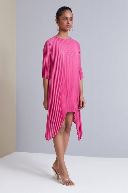 Shop_Scarlet Sage_Pink 100% Polyester Round Sybil Pleated Asymmetric Tunic_Online_at_Aza_Fashions