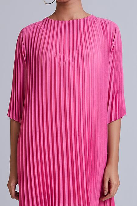 Scarlet Sage_Pink 100% Polyester Round Sybil Pleated Asymmetric Tunic_at_Aza_Fashions