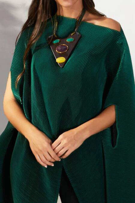Shop Tasuvure Green Pleated Polyester Assymetric Cape Online at Aza Fashions Shop_Tasuvure_Green Pleated Polyester Assymetric Cape _Online_at_Aza_Fashions
