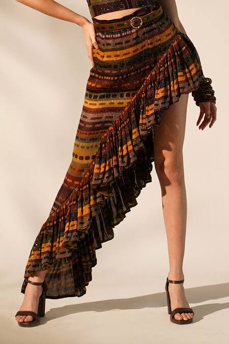 Nikita Mhaisalkar_Multi Color Georgette Sequins Abstract Print Ruffle Skirt _Online_at_Aza_Fashions