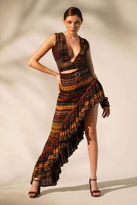 Buy_Nikita Mhaisalkar_Multi Color Georgette Sequins Abstract Print Ruffle Skirt _Online_at_Aza_Fashions