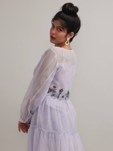 Pallavi Kandoi_Purple Cotton Keyhole Neck Placed Floral Embroidered Short Dress _Online_at_Aza_Fashions