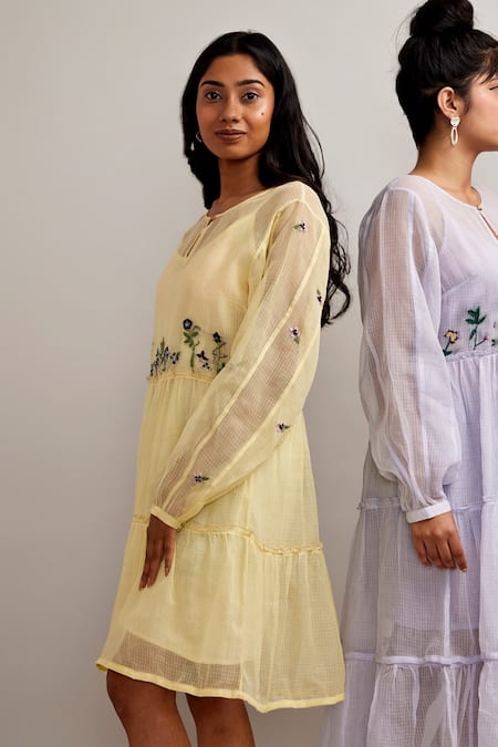 Pallavi Kandoi Yellow Cotton Embroidery Keyhole Neck Tiered Short Dress Online at Aza Fashions Pallavi Kandoi_Yellow Cotton Embroidery Keyhole Neck Tiered Short Dress _Online_at_Aza_Fashions