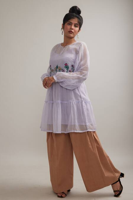 Buy_Pallavi Kandoi_Purple Cotton Keyhole Neck Placed Floral Embroidered Short Dress _Online_at_Aza_Fashions