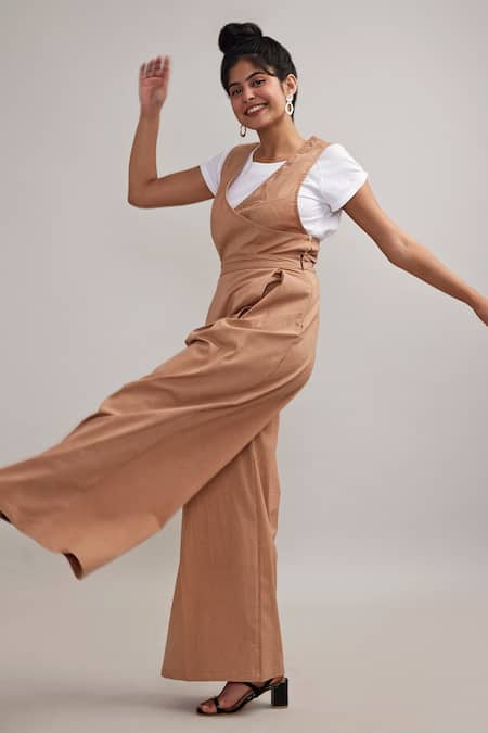 Pallavi Kandoi_Brown Cotton, Lycra V-neck Wrap Jumpsuit _Online_at_Aza_Fashions