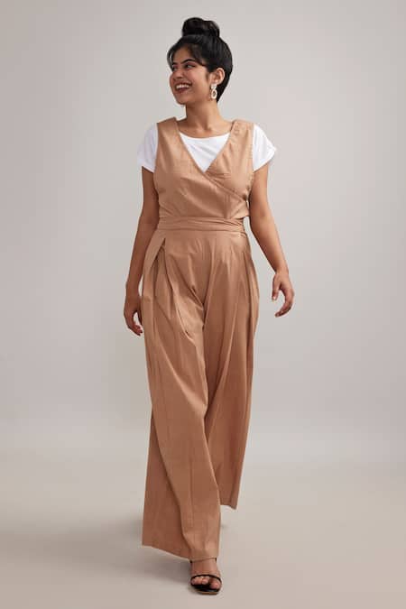 Buy_Pallavi Kandoi_Brown Cotton, Lycra V-neck Wrap Jumpsuit _Online_at_Aza_Fashions