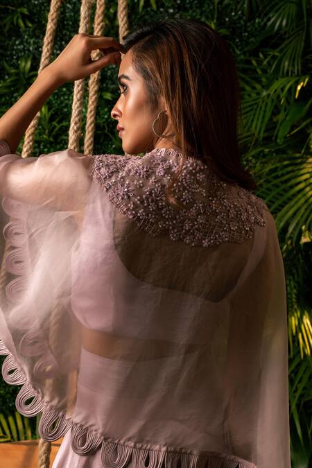 Shop Pallavi Poddar Purple Satin, Lycra, Organza Pearls Scallop Hem Sheer Cape And Tiered Skirt Set Online at Aza Fashions Shop_Pallavi Poddar_Purple Satin, Lycra, Organza Pearls Scallop Hem Sheer Cape And Tiered Skirt Set _Online_at_Aza_Fashions