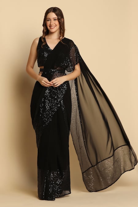Two Sisters By Gyans_Black Georgette Sequins, Embroidery, Beads V-neck Pre-draped Saree With Blouse _Online_at_Aza_Fashions