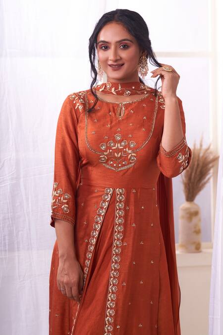 Geetika Jain_Orange Modal, Silk, Georgette Embroidery Round Neck Hand Anarkali With Dupatta _Online_at_Aza_Fashions