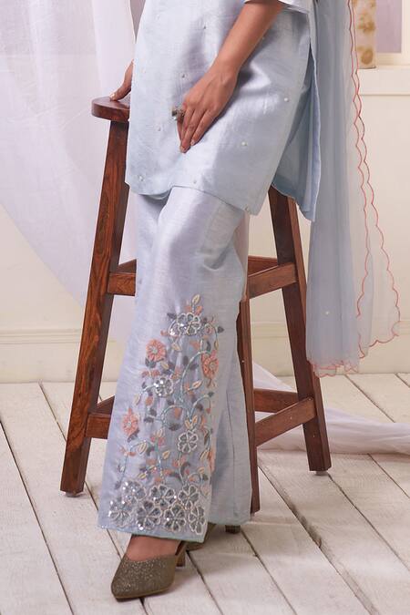 Buy_Geetika Jain_Blue Silk, Organza Cut Work, Embroidery, Sequins Round Neck Kurta Pant Set_Online_at_Aza_Fashions