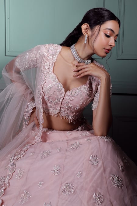 Pallavi Poddar_Pink Organza, Tulle Embroidery, Crystals, Gulal Flower Bridal Lehenga Set _Online_at_Aza_Fashions