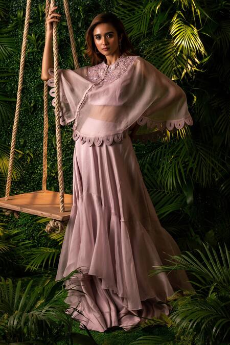 Pallavi Poddar_Purple Satin, Lycra, Organza Pearls Scallop Hem Sheer Cape And Tiered Skirt Set _Online_at_Aza_Fashions