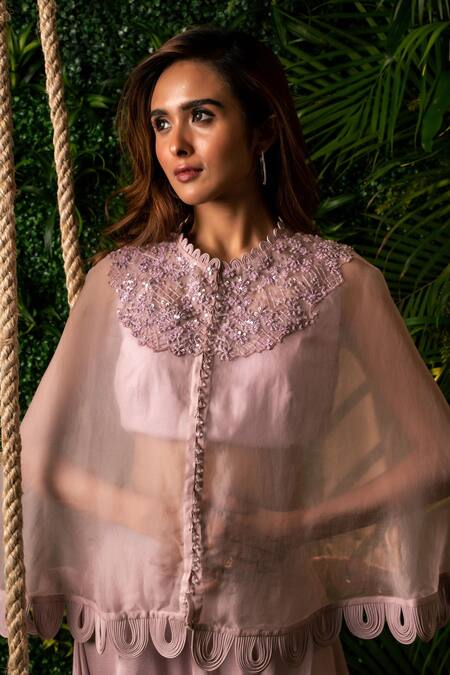 Buy_Pallavi Poddar_Purple Satin, Lycra, Organza Pearls Scallop Hem Sheer Cape And Tiered Skirt Set _Online_at_Aza_Fashions