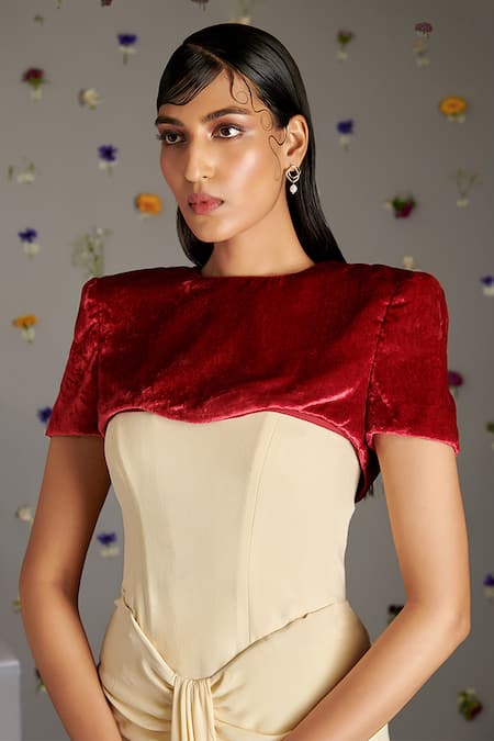 Buy_Gauri Dhawan_Beige Crepe, Velvet One Shoulder, Round Neck Gown And Short Jacket Set _Online_at_Aza_Fashions