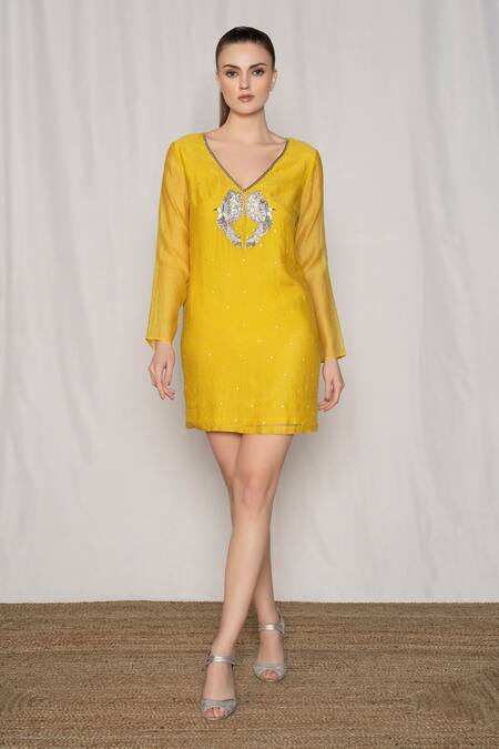Amrta By Guneet Kondal_Yellow Cotton, Silk, Viscose Beads, Embroidery V-neck V Short Dress _Online_at_Aza_Fashions