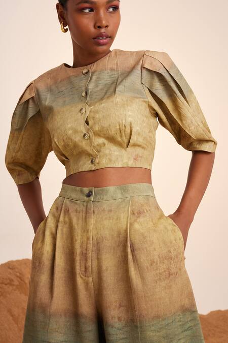 Cord_Yellow Cotton Satin, Linen Round Neck Scallop Impression Print Top_Online_at_Aza_Fashions