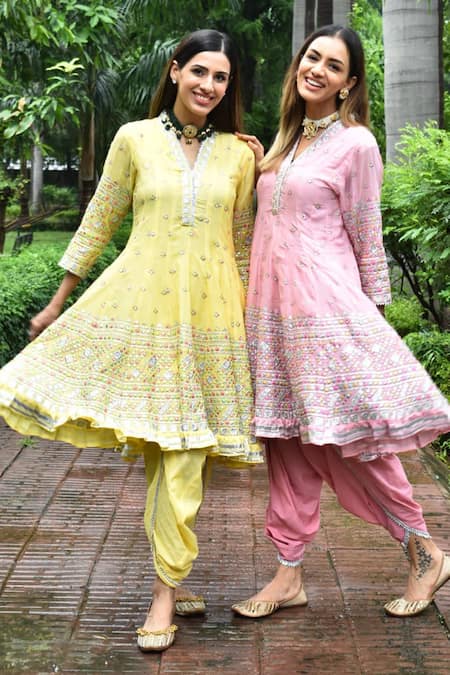 Gopi Vaid_Yellow Anarkali Mulmul Dhoti V Neck Embroidered And Pant Set _Online_at_Aza_Fashions