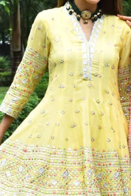 Gopi Vaid_Yellow Anarkali Mulmul Dhoti V Neck Embroidered And Pant Set _at_Aza_Fashions