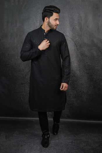 Kasbah_Black Georgette Sequins Embroidered Kurta_Online_at_Aza_Fashions