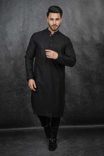 Buy_Kasbah_Black Georgette Sequins Embroidered Kurta_Online_at_Aza_Fashions