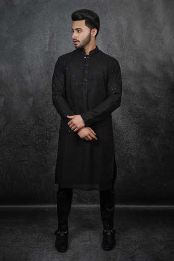 Shop_Kasbah_Black Georgette Sequins Embroidered Kurta_Online_at_Aza_Fashions