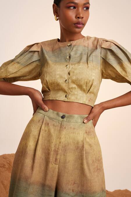 Buy_Cord_Yellow Cotton Satin, Linen Round Neck Scallop Impression Print Top_Online_at_Aza_Fashions