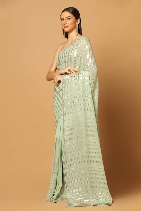Shop Two Sisters By Gyans Green Georgette Sequins Stripe Pattern Saree With Unstitched Blouse Fabric Online at Aza Fashions Shop_Two Sisters By Gyans_Green Georgette Sequins Stripe Pattern Saree With Unstitched Blouse Fabric _Online_at_Aza_Fashions