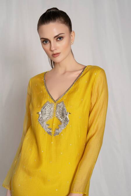 Shop_Amrta By Guneet Kondal_Yellow Cotton, Silk, Viscose Beads, Embroidery V-neck V Short Dress _Online_at_Aza_Fashions