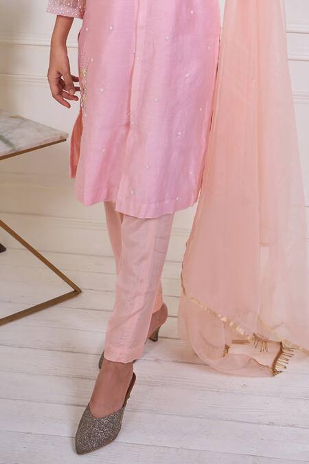 Buy_Geetika Jain_Peach Chanderi, Viscose, Organza Pearls, Cutdana Hand Embroidered Kurta Pant Set _Online_at_Aza_Fashions