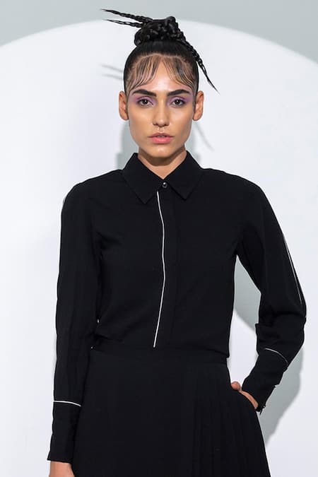 Buy_Pocketful Of Cherrie_Black Viscose Collared Contrast Trim Shirt_Online_at_Aza_Fashions
