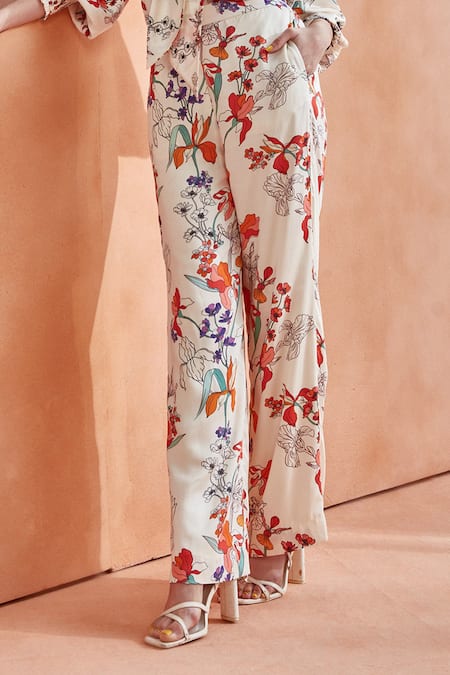 Shop_Label Deepika Nagpal_White Modal Embroidery Orchid Pattern Shirt And Pant Set _Online_at_Aza_Fashions