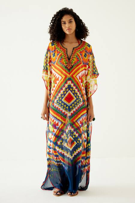 Payal Jain_Yellow Chiffon Geometric Patterns Notched Long Kaftan_Online_at_Aza_Fashions