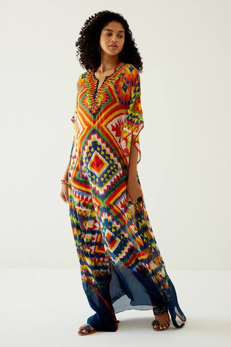 Buy_Payal Jain_Yellow Chiffon Geometric Patterns Notched Long Kaftan_Online_at_Aza_Fashions