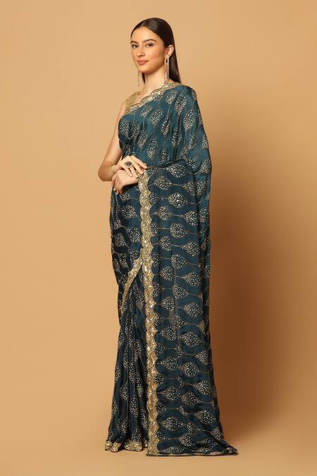 Two Sisters By Gyans_Blue Chiffon Sequins, Cut Work Embroidered Saree With Unstitched Blouse Fabric _Online_at_Aza_Fashions