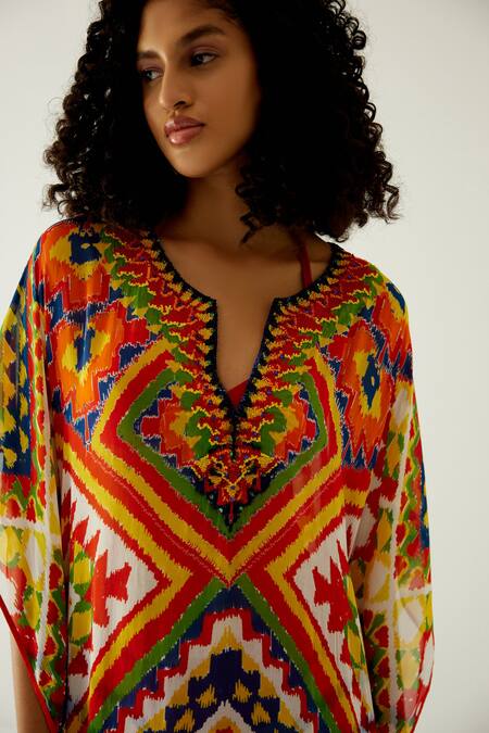 Payal Jain_Yellow Chiffon Geometric Patterns Notched Long Kaftan_at_Aza_Fashions