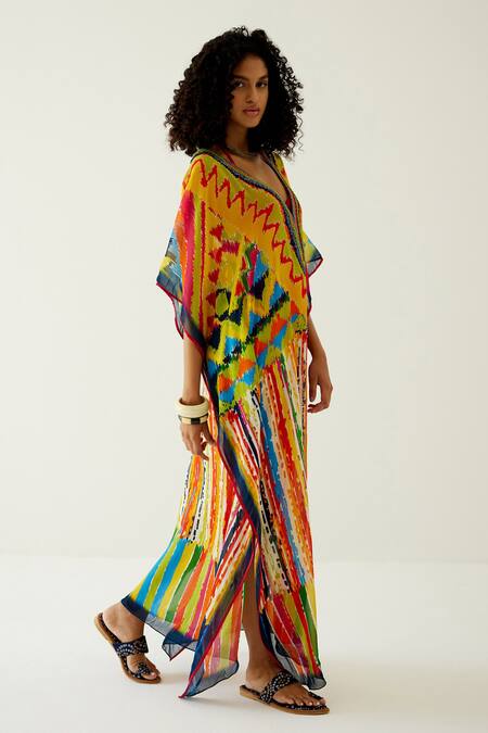 Payal Jain_Yellow Georgette Floral V Neck Side Slit Abstract Pattern Kaftan_Online_at_Aza_Fashions