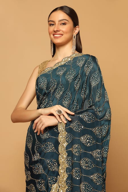 Buy_Two Sisters By Gyans_Blue Chiffon Sequins, Cut Work Embroidered Saree With Unstitched Blouse Fabric _Online_at_Aza_Fashions