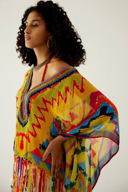 Shop_Payal Jain_Yellow Georgette Floral V Neck Side Slit Abstract Pattern Kaftan_Online_at_Aza_Fashions