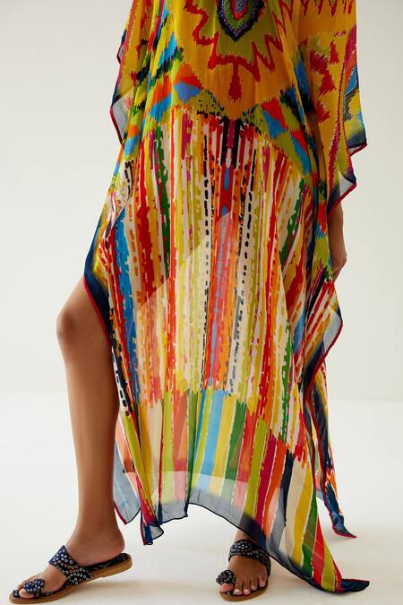 Payal Jain_Yellow Georgette Floral V Neck Side Slit Abstract Pattern Kaftan_at_Aza_Fashions