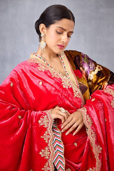 Torani_Pink Velvet And Crepe Digital Print, Gota Ruh Gulaabi Mushira Doshala_Online_at_Aza_Fashions