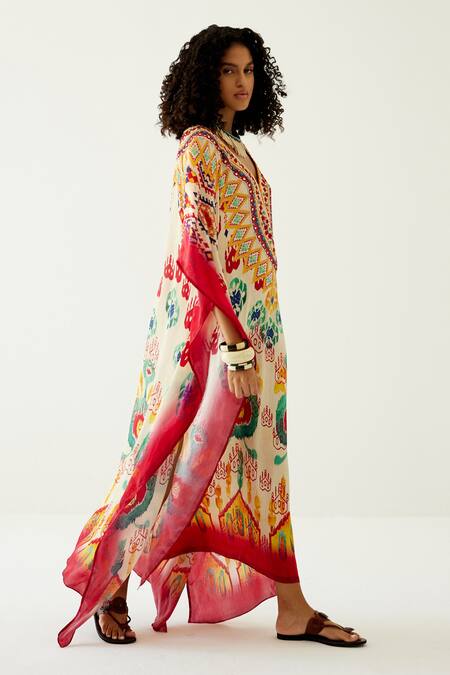 Payal Jain White Crepe Abstract Pattern V Neck Kaftan Online at Aza Fashions Payal Jain_White Crepe Abstract Pattern V Neck Kaftan_Online_at_Aza_Fashions