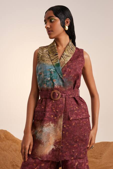 Shop_Cord_Brown Linen Embroidery Sweetheart Neck Summer Wood Print Blazer Pant Set_Online_at_Aza_Fashions