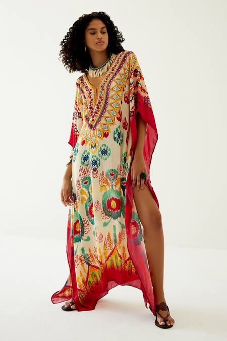 Buy Payal Jain White Crepe Abstract Pattern V Neck Kaftan Online at Aza Fashions Buy_Payal Jain_White Crepe Abstract Pattern V Neck Kaftan_Online_at_Aza_Fashions