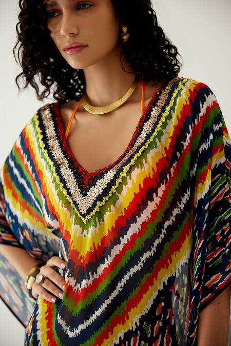 Buy Payal Jain Black Georgette Abstract Pattern V Neck Striped Kaftan Online at Aza Fashions Buy_Payal Jain_Black Georgette Abstract Pattern V Neck Striped Kaftan_Online_at_Aza_Fashions