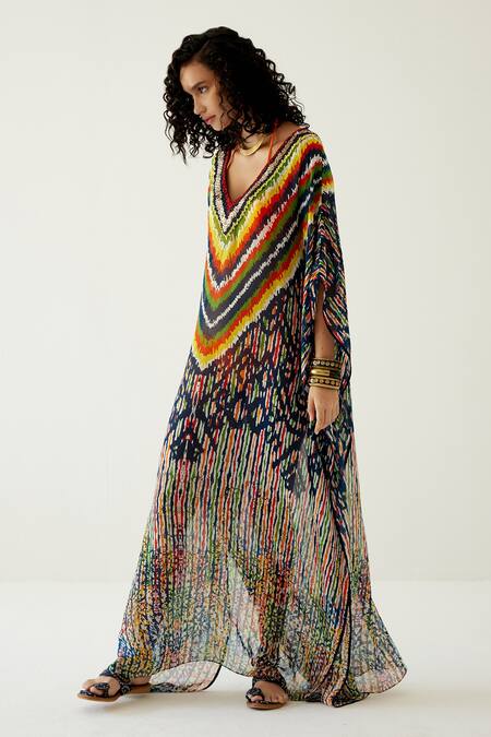 Shop Payal Jain Black Georgette Abstract Pattern V Neck Striped Kaftan Online at Aza Fashions Shop_Payal Jain_Black Georgette Abstract Pattern V Neck Striped Kaftan_Online_at_Aza_Fashions